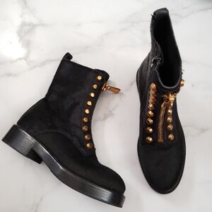 Jeffrey Campbell Tonette-2F Calf-hair zip-front Bootie with studs, Size 6.5